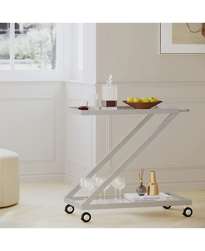Flynama Modern Iron and Tempered Glass Bar Cart with Z-Frame, Locking Rolling Casters