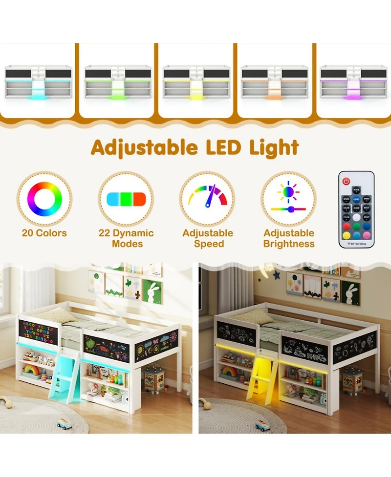 Gouun Kids Loft Bed with Led Lights and Storage Shelves