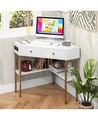 Gouun Triangular Corner Desk with Charging Station, 2 Drawers and Bottom Storage Shelf