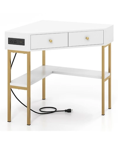 Gouun Triangular Corner Desk with Charging Station, 2 Drawers and Bottom Storage Shelf