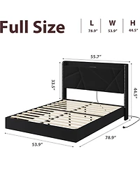 Homfan Floating Upholstered Bed Frame with Led Lights, Charging Headboard and Storage Shelf, Box Spring Not Required