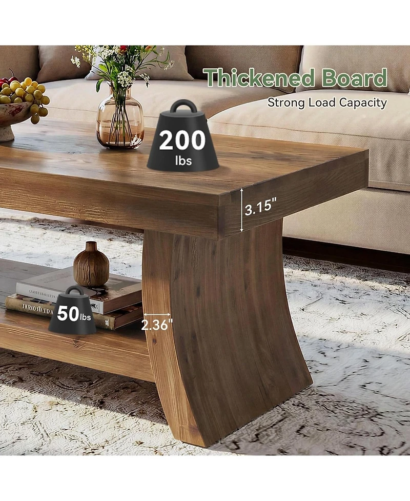 Tribesigns Farmhouse Coffee Table with Storage Shelf, 47.2" Mid Century Modern Solid Wood Coffee Tables with Curved Base