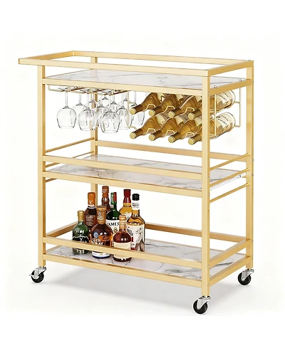 Yigii Bar Cart with Wine Rack & Glass Holder with Removable Tray - Swivel Casters