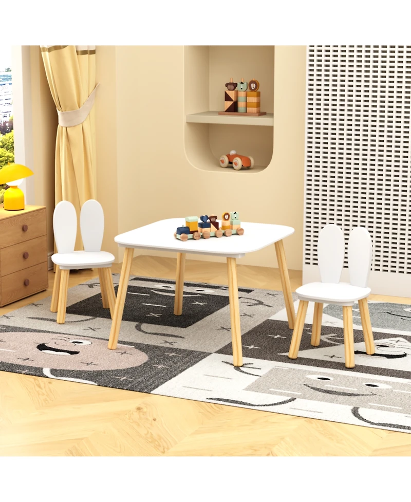 Rainsken 3 Piece Wood Table and Chair Set, w/ 2 Rabbit Themed Chairs, Wood Activity Table Drawing Play Table Set, Age 2-6 Boys Girls