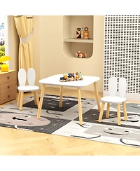 Rainsken 3 Piece Wood Table and Chair Set, w/ 2 Rabbit Themed Chairs, Wood Activity Table Drawing Play Table Set, Age 2-6 Boys Girls