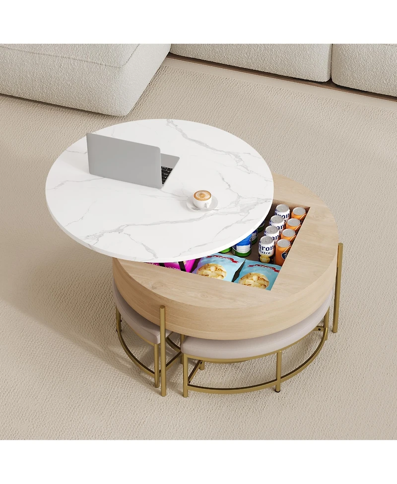 Rainsken Modern Round Lift-Top Coffee Table with Hidden Storage and 3 Ottoman, Nesting Center Table Set for Living Room and Office