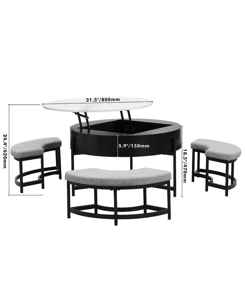 Rainsken Modern Round Lift-Top Coffee Table with Hidden Storage and 3 Ottoman, Nesting Center Set for Living Room Office