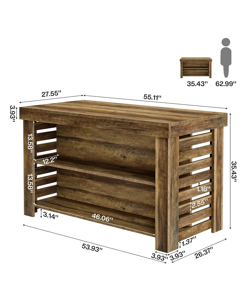 Tribesigns 55" Kitchen Island with Seating and Storage, 3-Tier Farmhouse Wood Stationary Island Table with Large Work Surface, Coffee Bar Table