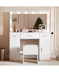 Homfan Vanity Desk with Mirror and Lights, Large Makeup Vanity Table with Power Outlet and Stool, Vanity Dressing Table for Bedroom Dressing Room