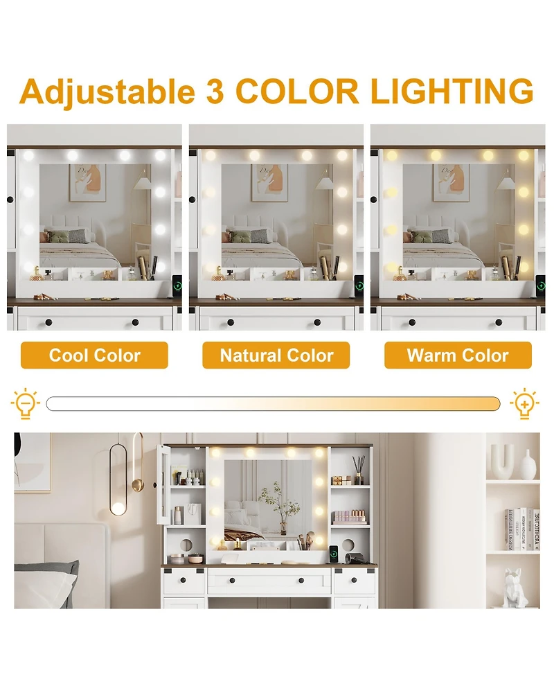 Homfan Farmhouse Vanity Desk with Led Mirror and Charging Station - 6 Drawers, 2 Cabinets, Soft Cushioned Stool, Adjustable 3-Color Lighting