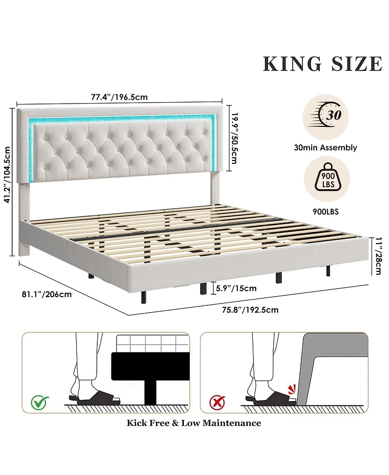 Homfan Floating Upholstered Bed Frame with Led Diamond Headboard and Wood Slats, Available Full, Queen