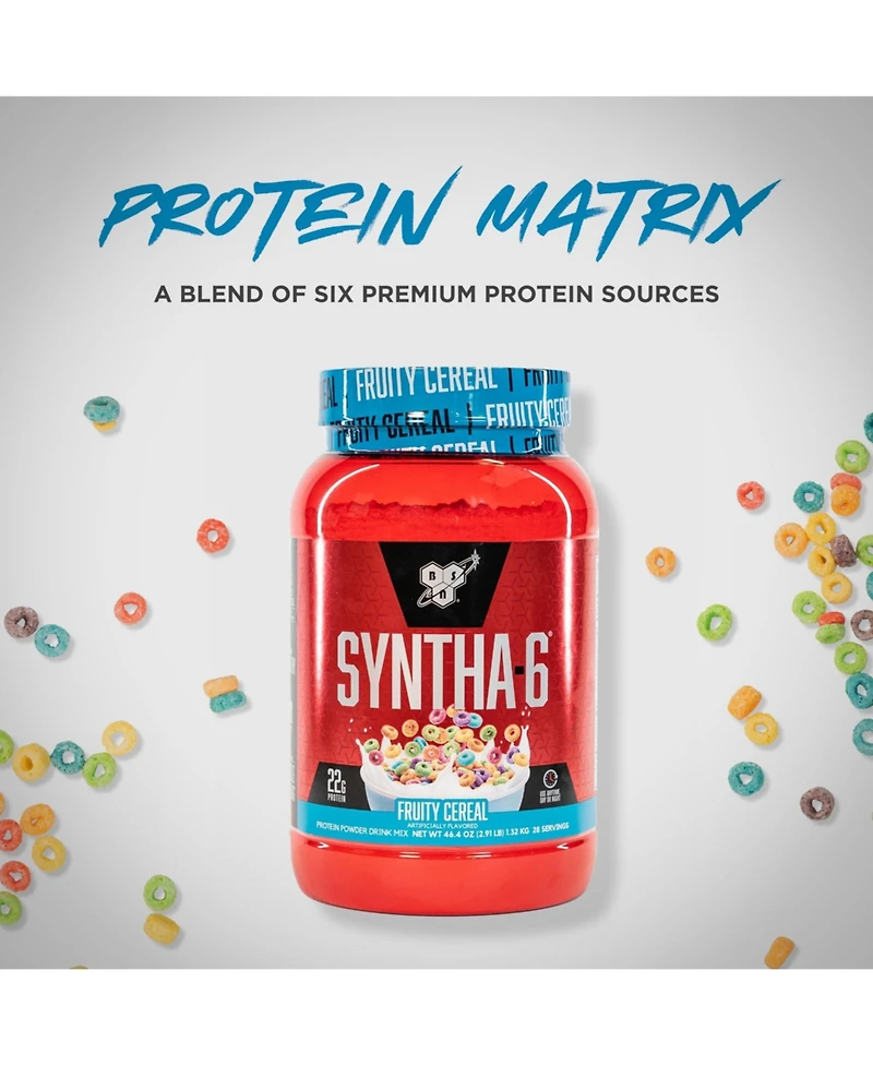 Bsn Syntha-6 Premium Protein Powder with 6g of Fiber, Whey Protein, Micellar Casein, Milk Protein Isolate Blend, 5g Fat, Fruity Cereal, 28 Servings