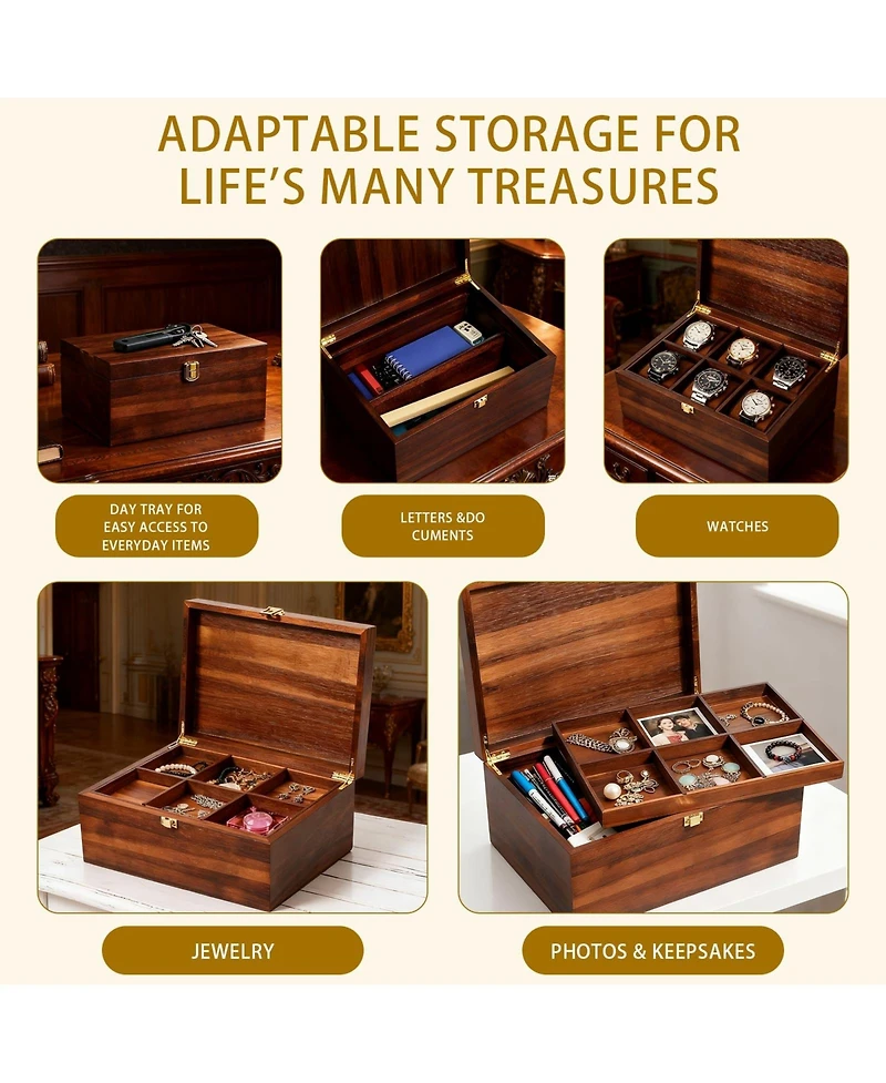 Yigii Large Wooden Storage Box with Adjustable Tray Removable Divider Keepsake Organizer for Trinkets Photos Gifts