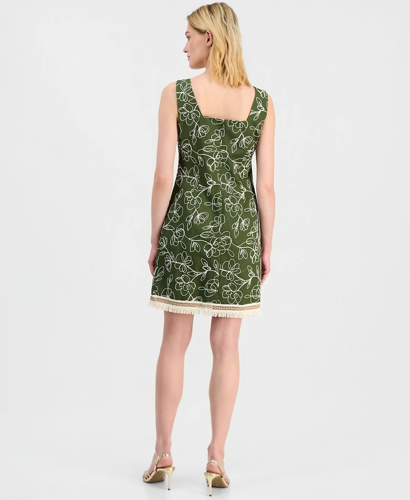 Tahari Asl Women's Embroidered Cotton Fringe-Hem Dress