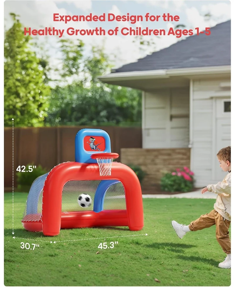 Qpau 2-in-1 Inflatable Toddler Basketball Hoop and Soccer Goal Set, Indoor Outdoor Sports Center Toys