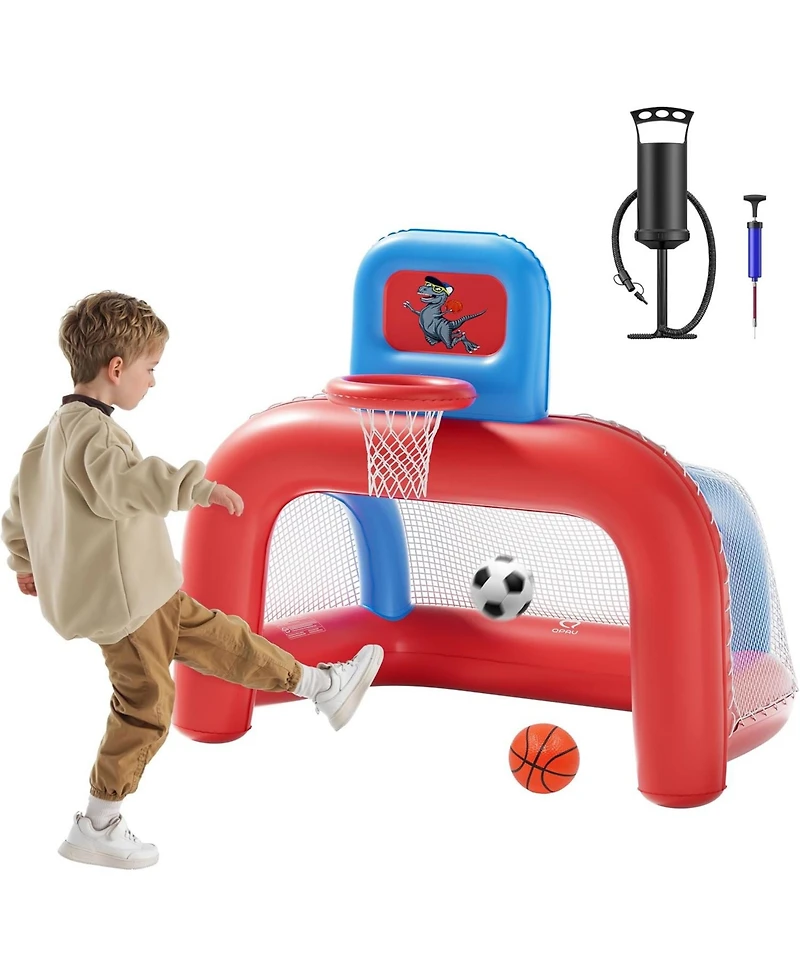 Qpau 2-in-1 Inflatable Toddler Basketball Hoop and Soccer Goal Set, Indoor Outdoor Sports Center Toys