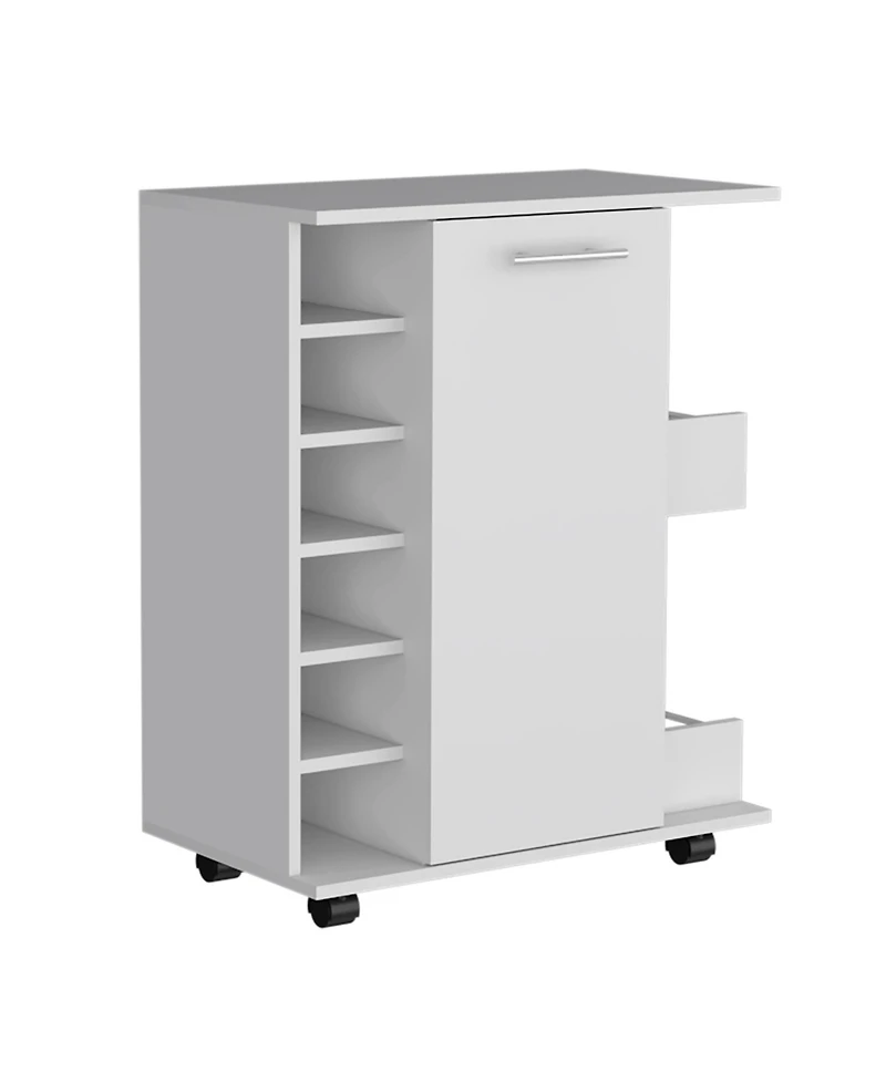 Flynama 4-Wheel Bar Cart with 6 Bottle Racks, 2 Side Shelves and Wood Door Storage