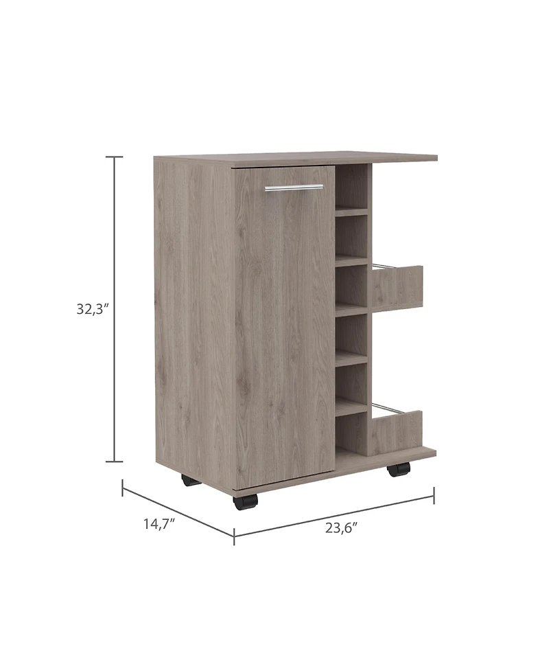 Flynama Bar Cart with 1 Cabinet, 1 Shelf with Casters Oak Finish