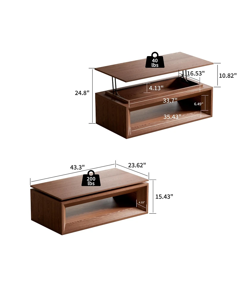 Rainsken 43.3'' Adjustable Lift Top Coffee Table, Rectangular Living Room Center Table with Hidden Storage and Solid Wood Veneer Finish for Office