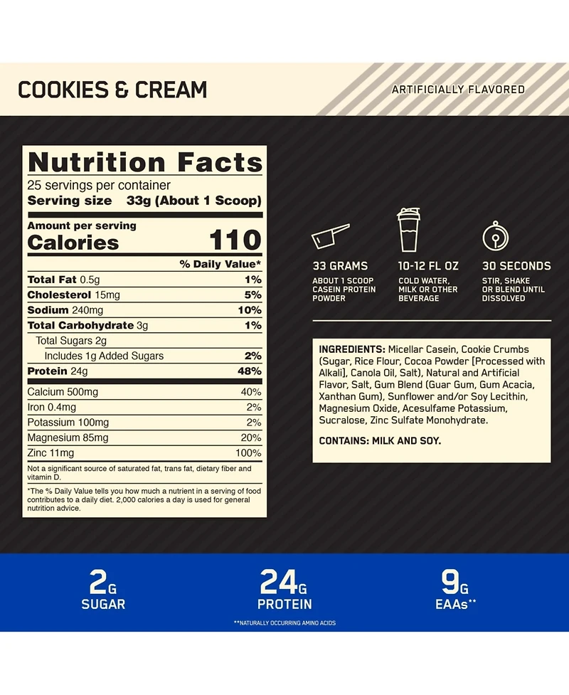 Optimum Nutrition Gold Standard Micellar Casein Protein, Cookies and Cream, 1.81lb