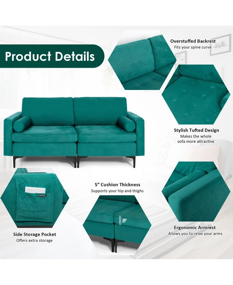Gouun Modular Loveseat Sofa with 2 Bolsters and Side Storage Pocket