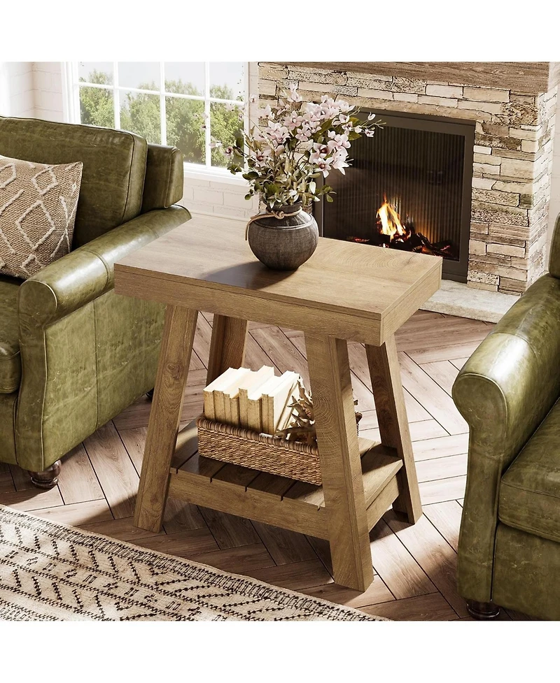 Tribesigns 2-Tier Wooden End Table, Farmhouse Style, Rustic Grey, Small Sofa Side Table with Storage, Slim Nightstand