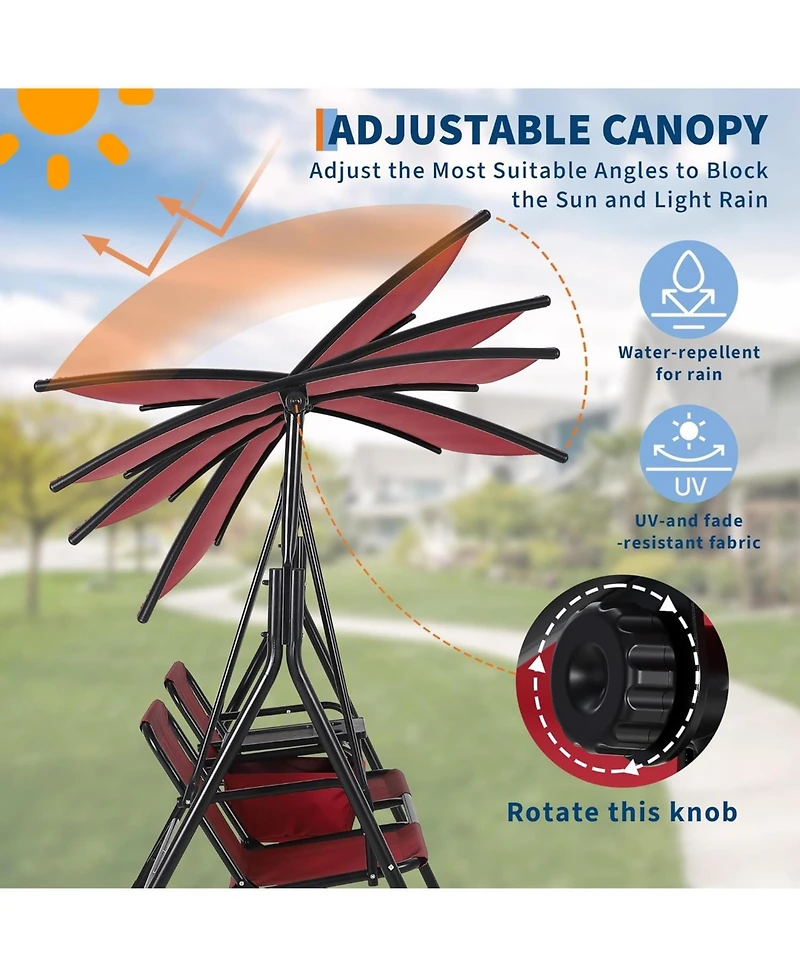 Homfan 2-Person Outdoor Canopy Swing Chair with Built-In Cooler, Cup Holders and Pivot Table, Heavy-Duty Steel Frame Patio Swing