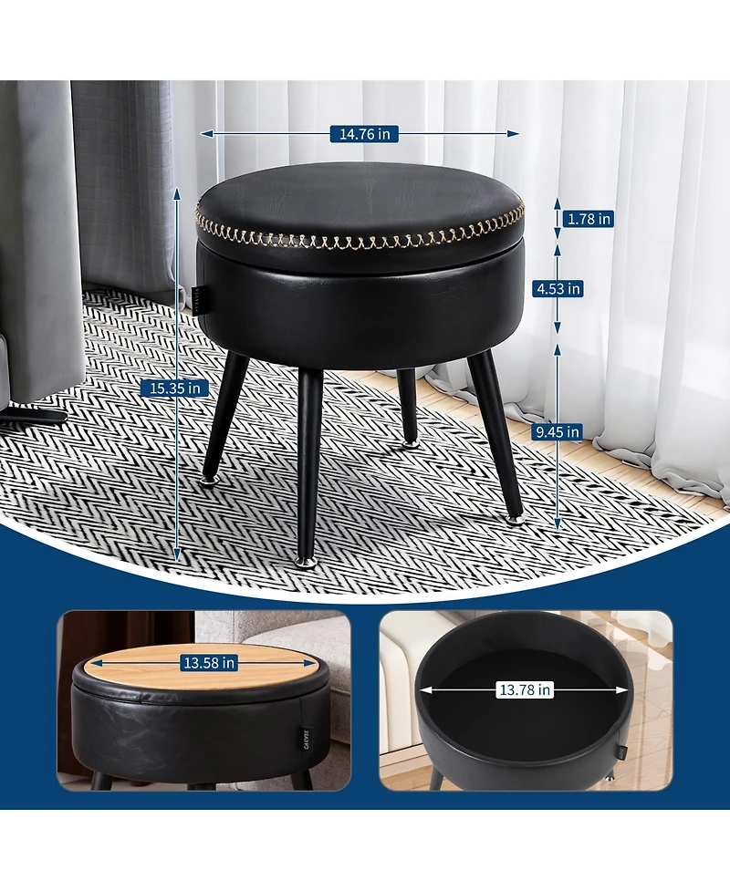Homfan Modern Storage Ottoman and Vanity Stool, Synthetic Leather Round Seat, 330 lb Capacity Steel Legs, Multi-Functional Footrest and Bedroom Bench