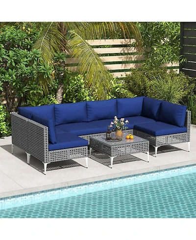 Costway 7 Piece Outdoor Furniture Set with Seat & Back Cushions Tempered Glass Coffee Table