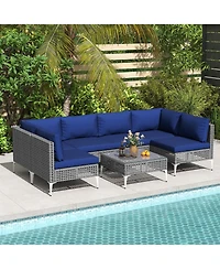 Costway 7 Piece Outdoor Furniture Set with Seat & Back Cushions Tempered Glass Coffee Table
