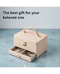 Yigii 3 Layers Leather Jewelry Storage Box with Mirror Removable Tray Portable Travel Organizer for Women