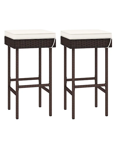 Gymax Patio Rattan Barstools Set of 2 Outdoor Wicker Bar Height Chairs with Footrest and Soft Cushions