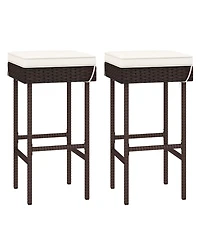 Gymax Patio Rattan Barstools Set of 2 Outdoor Wicker Bar Height Chairs with Footrest and Soft Cushions