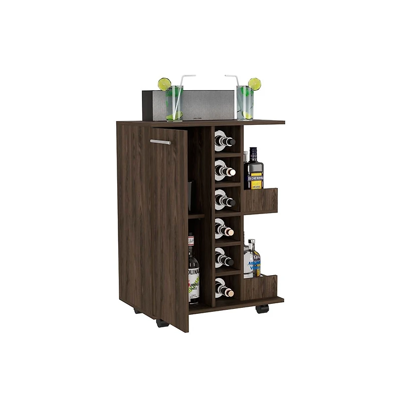Flynama Dark Bar Cart with 4 Casters, Cabinet and 6 Bottle Cubbies