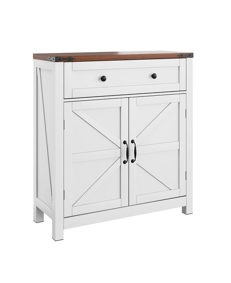 flynama White Farmhouse Coffee Bar Cabinet with Walnut Top and Drawer