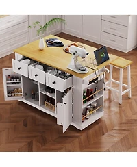 Flynama 53" White Kitchen Island with 2 Bar Stools and Power Outlet, Rolling Storage Cart on 5 Wheels