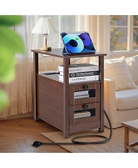Gouun Farmhouse End Table with Charging Station, 4-Tier Storage, 23.98 x 14.02 x 24.02 in