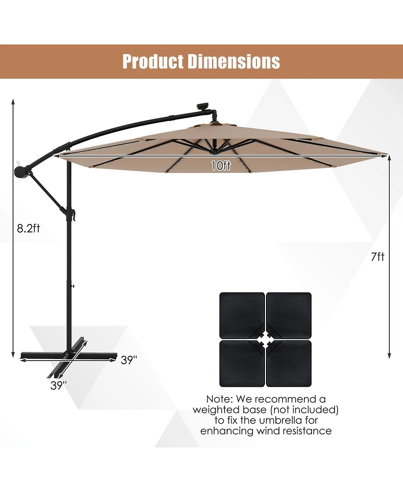 Gouun 10 ft Solar Led Offset Hanging Patio Umbrella with 40 Lights and Cross Base