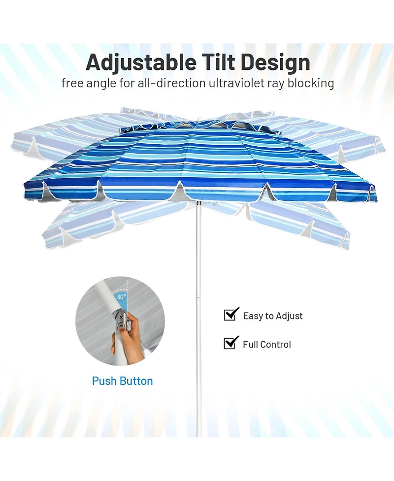 Gouun 8 ft Portable Beach Umbrella with 16 Fiberglass Ribs, Sand Anchor and Tilt