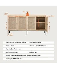 Gouun Rattan Cabinet, Rattan Storage Cabinet with 4 Magnetic Doors and Adjustable Shelves, Sideboard Buffet Cabinet for Hallway, Entryway, Living Room