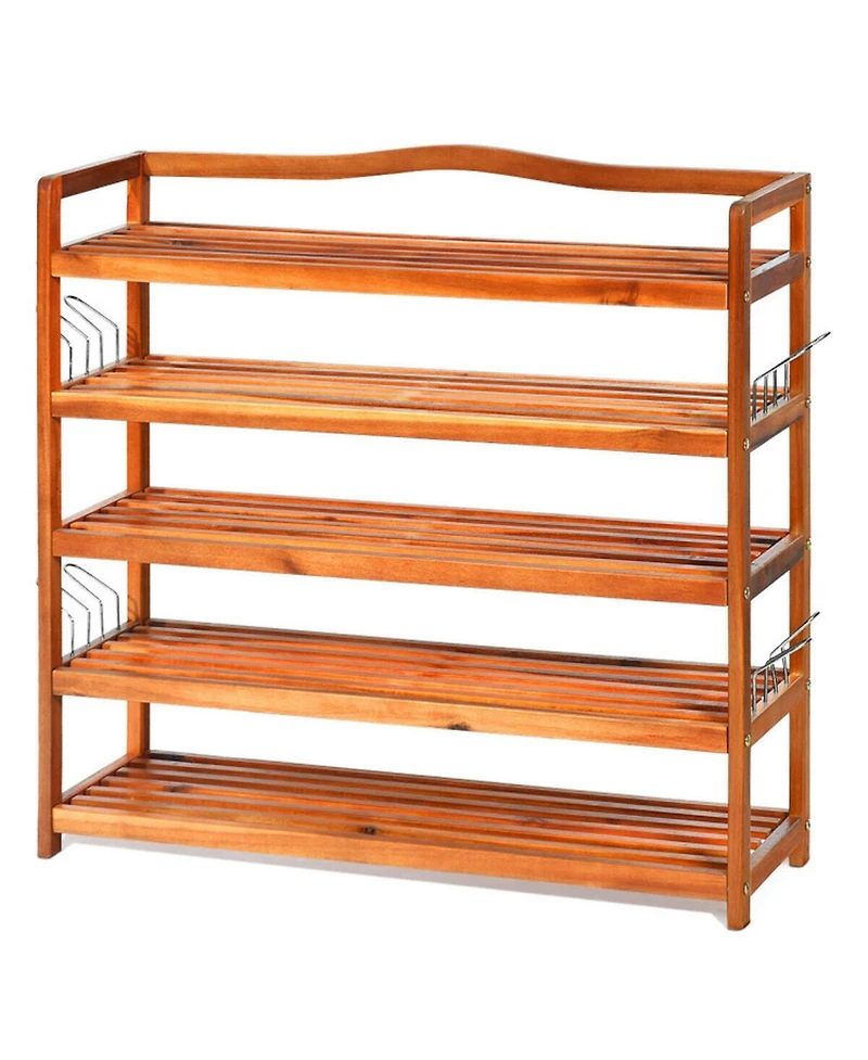 Gouun 5-Tier Acacia Wood Shoe Rack with Side Hooks Holding 12-18 Pairs