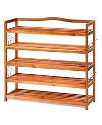 Gouun 5-Tier Acacia Wood Shoe Rack with Side Hooks Holding 12-18 Pairs