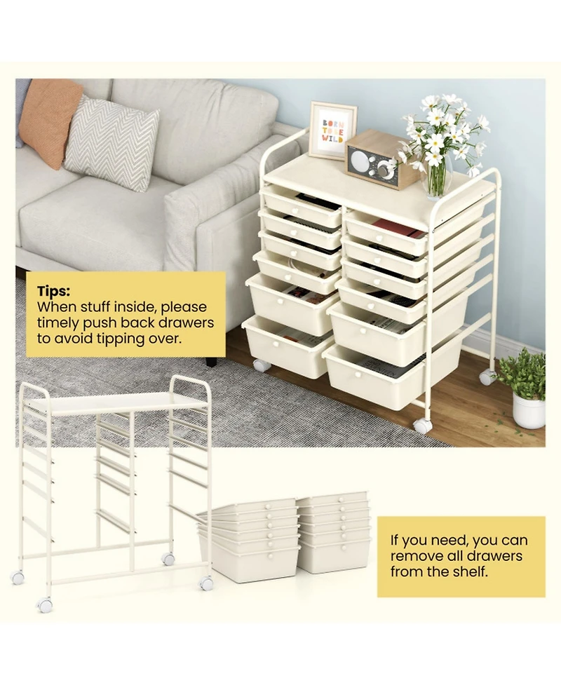 Gouun 12-Drawer Multi-Purpose Rolling Cart with Removable Drawers and Top Storage