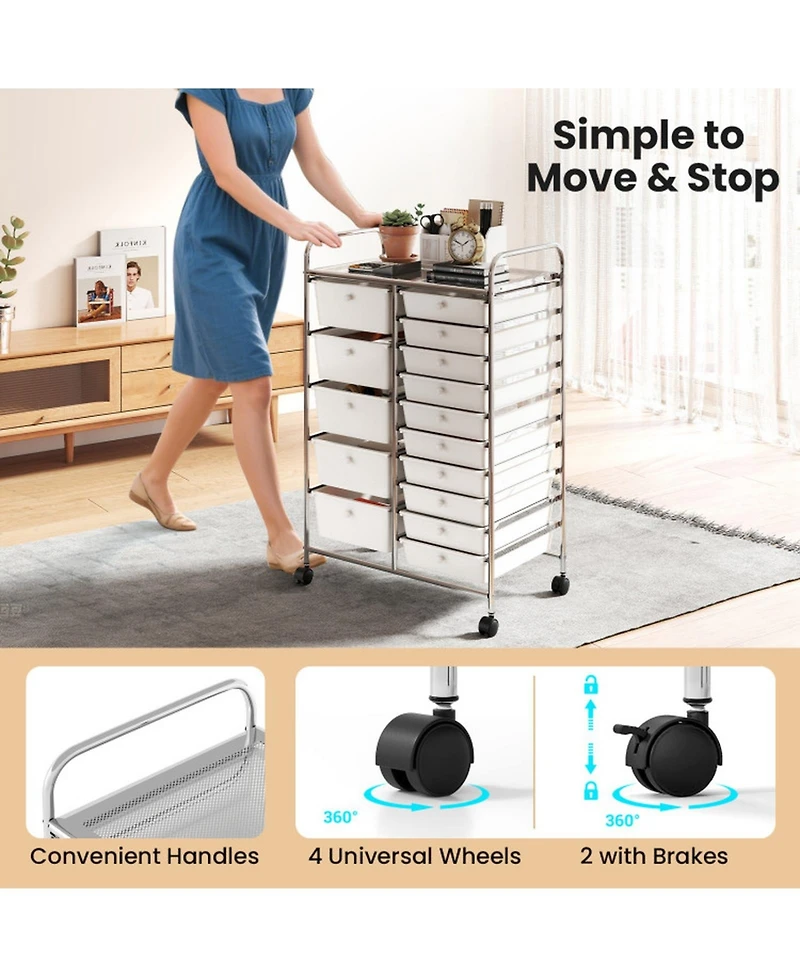 Gouun 15-Drawer Chrome Rolling Storage Trolley with 88 lbs Total Capacity