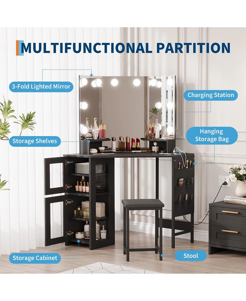 Homfan Space-Saving Corner Vanity Desk and Stool Set for Bedroom - Lighted Mirror, Charging Station, Storage Cabinet