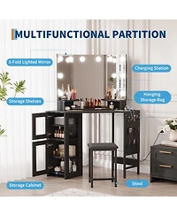 Homfan Space-Saving Corner Vanity Desk and Stool Set for Bedroom - Lighted Mirror, Charging Station, Storage Cabinet
