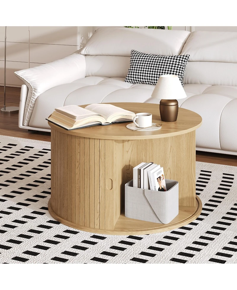 Homfan 28" Round Coffee Table with Storage, Mid Century Modern Fluted Accent Table with Sliding Tambour Door for Living Room