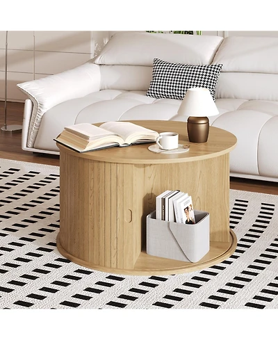 Homfan 28" Round Coffee Table with Storage, Mid Century Modern Fluted Accent Table with Sliding Tambour Door for Living Room