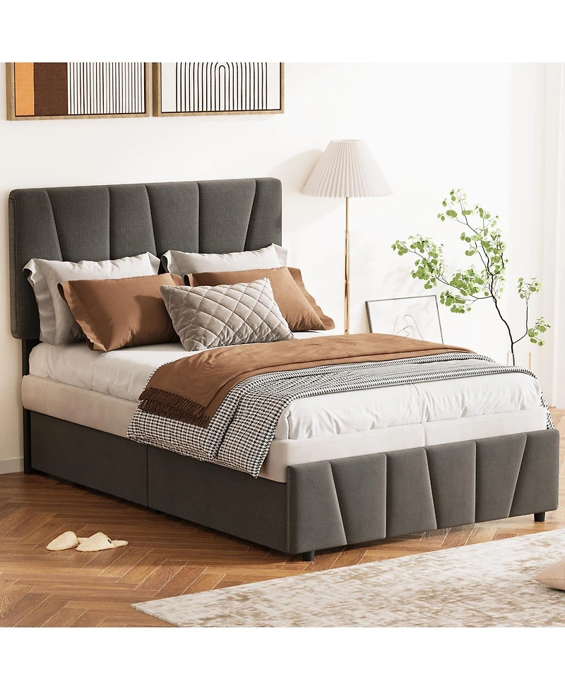 Homfan Bed Frame with Adjustable Headboard - Multiple Storage Drawers - Wooden Slats - No Box Spring Needed - Modern Bedroom Furniture