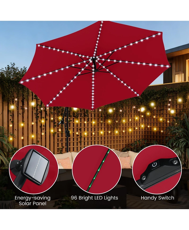 Gouun 10 ft Solar Offset Hanging Patio Umbrella with Base, 96 Led Lights and 360-Degree Rotation